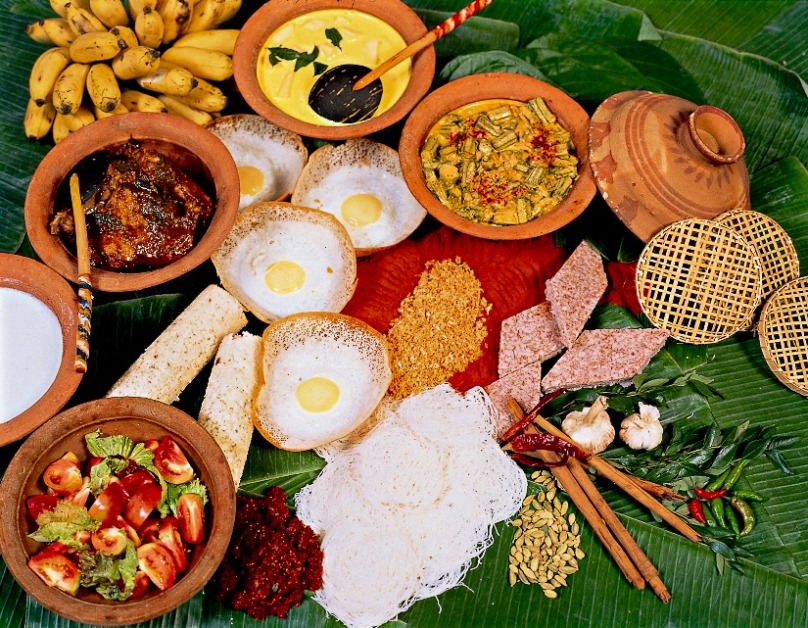 A Sri Lankan home cook preparing rice and curry over a clay hearth in warm daylight