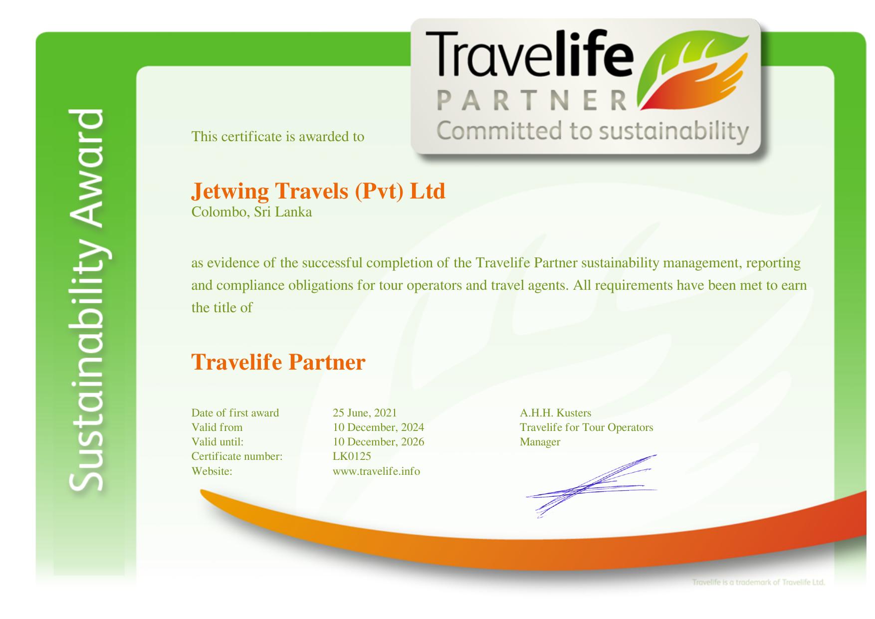 Travelife Partner certificate awarded to Jetwing Travels (Pvt) Ltd