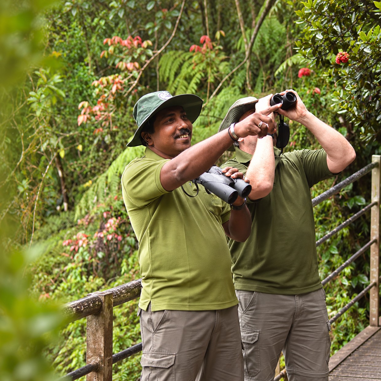 A Sri Lankan naturalist pointing out wildlife to a traveller in open country